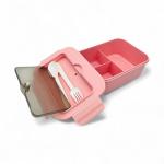 Dual Compartment Pink Bento Lunch Box with Utensil Storage & Transparent Lid