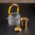 Luxury Glass Teapot with Gold Accents and Wooden Handle