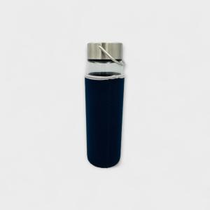 Double-Walled Glass Bottle with Navy Sleeve and Thermal Insulation