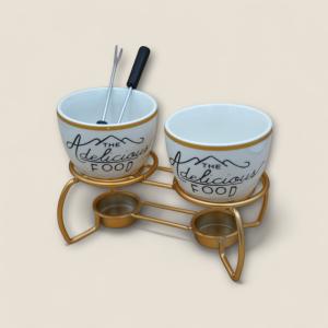 5-Piece Ceramic Fondue Set with Dual Bowls, Metal Stand & Forks