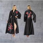 VIP Elegant Satin Kimono Robe with Red Floral Embroidery