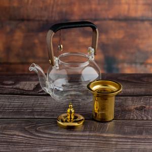 Elegant Glass Teapot with Gold Infuser and Wooden Handle