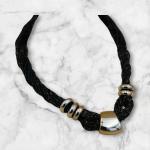 Black Woven Bead Necklace with Polished Gold Accents