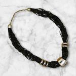 Black Woven Bead Necklace with Polished Gold Accents