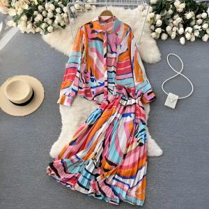 Abstract Colorblock Co-Ord Set with Button-Down Shirt & Pleated Maxi Skirt