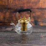 Elegant Glass Teapot with Gold Infuser and Wooden Handle