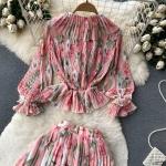 Pleated Floral Co-Ord Set with Ruffle Detail Blouse & Elastic Waist Maxi Skirt