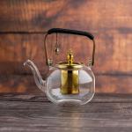Elegant Glass Teapot with Gold Infuser and Wooden Handle
