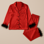 VIP Satin Feather-Trimmed Pajama Set with Piped Details