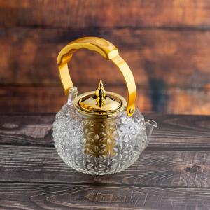 Textured floral pattern Glass TeaPot with Gold Accents