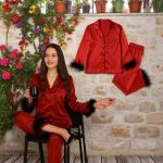 VIP Satin Feather-Trimmed Pajama Set with Piped Details